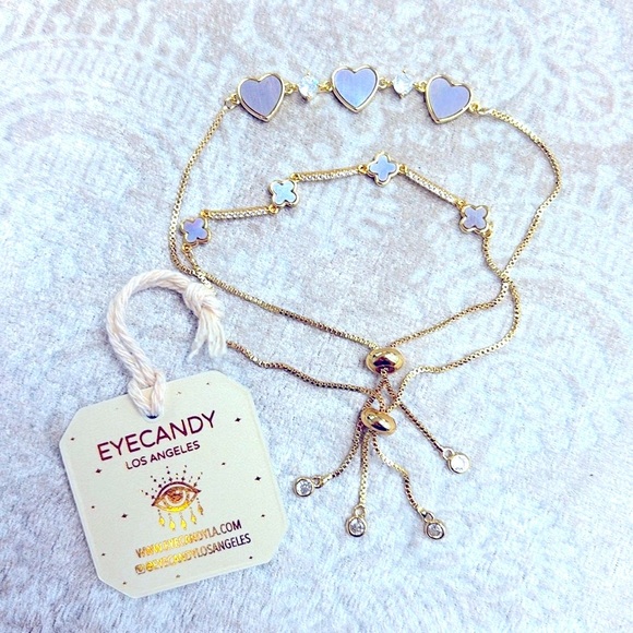 Brand New Eye Candy Set of 2 Gold Tone Adjustable Bracelets Hearts Clovers - Picture 13 of 13